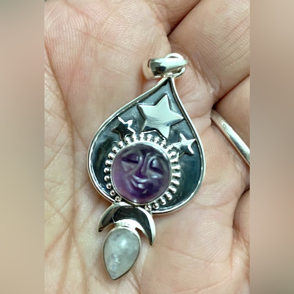 Genuine Carved Amethyst Star Goddess Pendant set in 925 Sterling Silver